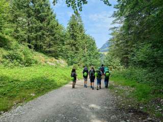 Gruppe von Kindern beim Wandern in den Bergen