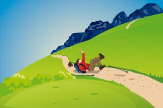 Illustration eines Wanderers, der auf einem Bergweg ausgerutscht und gefallen ist.