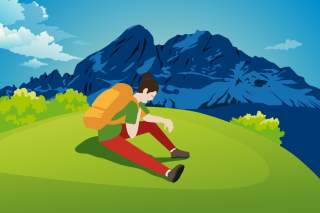 Illustration: Eine Wanderin sitzt auf einer Bergwiese, sie hält sich mit der rechten Hand den Brustkorb.