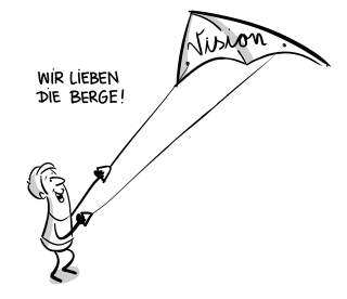 Graphik mit Schriftzug Wir lieben die Berge und Figur, die Drachen mit Aufschrift Vision, steigen lässt.