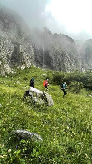 Drei Frauen wandern auf Bergwiese