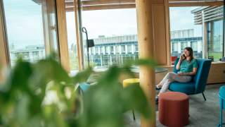 Frau sitzt in einem modernen, hellen Büro auf einem blauen Sessel und telefoniert, im Vordergrund unscharfe grüne Pflanze. Große Fenster und bunte Möbel vervollständigen den Raum.