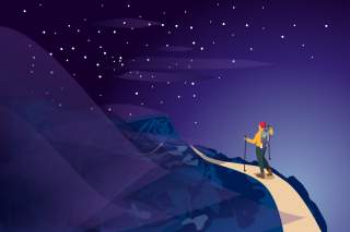 Illustration: Ein Wanderer auf einem Bergweg. Es ist bereits Nacht, am Himmel funkeln die Sterne.