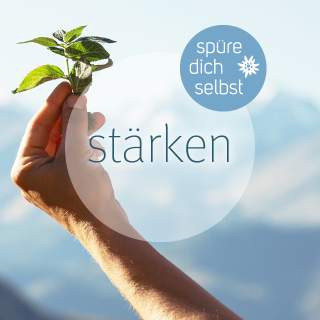 Eine Hand hält Kräuter zwischen den Fingern.