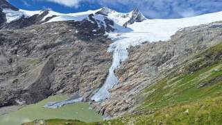 Berglandschaft mit schneebedecktem Gletscher, der ins Tal zu einem grünlichen Gletschersee fließt, im Vordergrund grüne Wiese und Felsen.