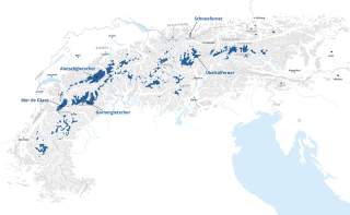 Übersichtskarte mit den Gletschern der Alpen