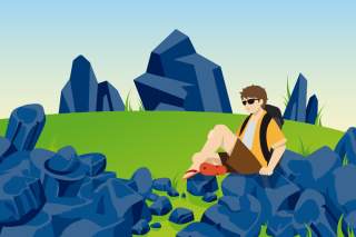 Illustration: ein Wanderer sitzt mit FlipFlops in felsübersätem Gelände.