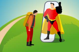Illustration: Ein Wanderer schaut in den Spiegel und erkennt einen Superman-ähnlichen Helden.