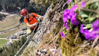 Klettersteiggeher mit rotem Helm und orangefarbenem Shirt steigt an einer Felswand entlang; im Vordergrund lila Blumen, im Hintergrund ein Tal mit Häusern und Wald.