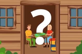 Illustration von zwei Personen, die in einer Hütte am Tisch sitzen mit einer Landkarte. Ein großes weißes Fragezeichen steht im Raum.