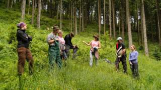Gruppe von Menschen steht im Wald, Frau erklärt was