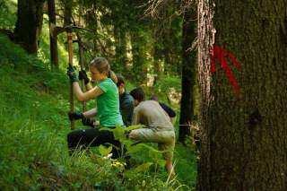 Mehrere Personen arbeiten im Wald mit einer Spitzhacke.