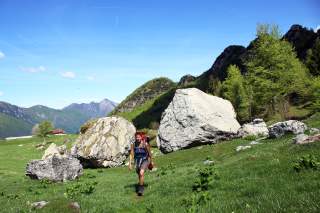 Wanderin auf Bergwiese zwischen großen Felsblöcken