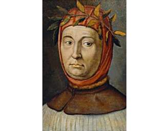 Porträt eines Mannes in historischer Kleidung mit rot-gelbem Kopftuch und Lorbeerkranz, der ernst blickt.