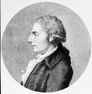 Schwarz-weiß-Porträt einer Person im Profil mit historischen Kleidungsstücken und einer Perücke, dargestellt in einem runden Rahmen.