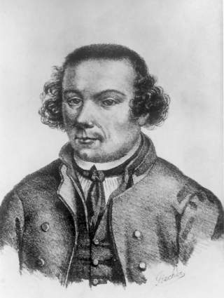 Schwarz-weiß gezeichnetes Porträt eines Mannes mit lockigem Haar, der eine historische Kleidung mit Knöpfen und einem Halstuch trägt.