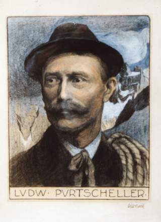 Historisches Porträt eines Mannes mit Schnurrbart, Hut und Kletterseil; im Hintergrund Berge und Himmel, darunter der Name „LVDW. PVRTSCHELLER.“ in Großbuchstaben.