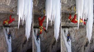 Drei Bilder zeigen nacheinander einen Eiskletterer in rotem Anzug und Helm, der an gefrorenem Eis neben einer steilen Felswand mit Eispickeln und Steigeisen klettert.