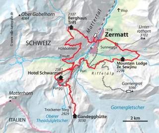 Karte mit eingezeichneter Route des Matterhorn Treks