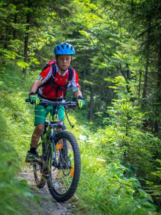 Junge auf Mountainbike auf Waldpfad