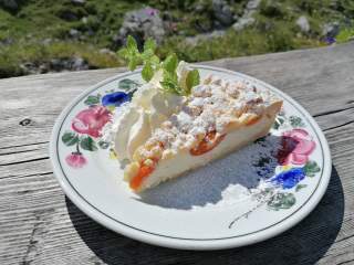 Kuchen auf buntem Teller.