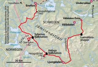 Karte mit eingezeichneter Route durch das Jämtlandsfjäll