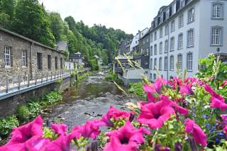 Flüsschen führt durch Stadt mit Fachwerkhäusern und Blumen