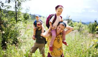 Familie wandert im Sommer durch Wald und Wiesen