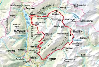 Karte mit eingezeichneter Route durchs Vinschgau