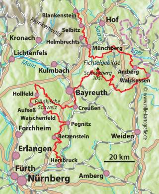 Karte mit eingezeichneter Route auf dem Fränkischen Gebirgsweg