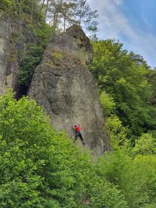 Kletterer an Felsen im Wald