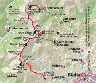 Karte mit eingezeichneter Route durch das Biellese