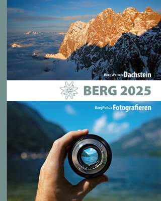 Buchtitel bestehend aus zwei Motiven: Berggipfel im Sonnenschein mit Nebelmeer; Hand mit Foto-Objektiv vor Bergsee