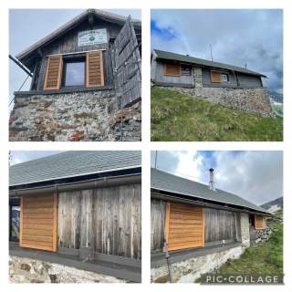 Collage von vier Fotos, die die verschiedenen Seiten einer Berghütte mit neuen Fenstläden aus Holz zeigt.