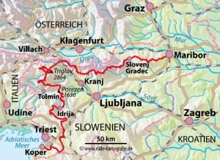 Karte mit eingezeichneter Route durch Slowenien