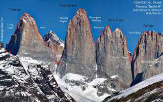 Panorama der Torres del Paine mit beschrifteten Gipfeln, markierten Kletterrouten und verschneiten Felsen vor blauem Himmel.