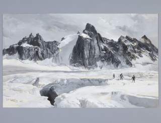 Die Zeichnung ist hauptsächlich schwarz und weiß. Im Vordergrund laufen drei Bergsteiger über den Gletscher. Sie sind mit einem Seil verbunden. Im Hintergrund steht die Aiguilles Dorées Bergkette. Die kargen Felsen sind zum Teil mit Schnee bedeckt.