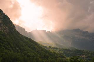 Mystische Sonne- und Wolkenstimmung in Bergwald