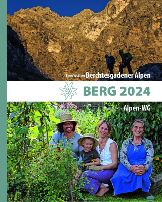Titelblatt mit zwei Bergsteigern vor einer Felswand oben und vier Personen unterschiedlichen Alters in einem blühenden Garten unten.