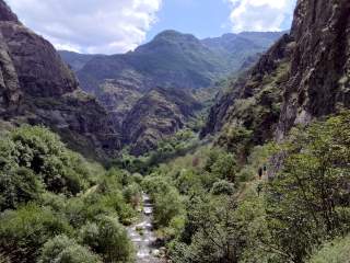 Blick in grüne Schlucht mit kleinem Fluss