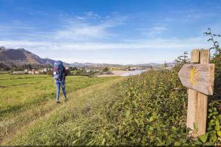 Wanderin mit großem Rucksack folgt einem Wegweiser mit einer Jakobsmuschel Richtung Meer.