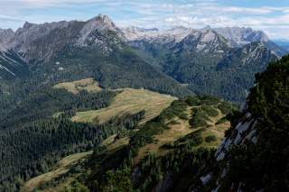 Grüne Wiesen und Wälder gehen über in hellgraue Felsgipfel, die sich aneinanderketten.