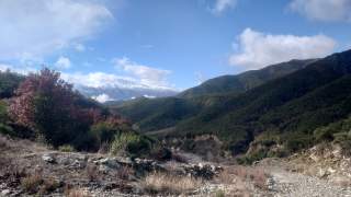 Gebirgstal mit grün bewaldeten Hügeln, einem schneebedeckten Gipfel im Hintergrund und einem steinigen Weg im Vordergrund unter blauem Himmel mit vereinzelten Wolken.