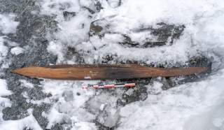 Ein langer, schmaler, hölzerner Gegenstand liegt auf eisigem, schneebedecktem Untergrund; darunter ein Maßstab mit Markierung bis 50 cm.