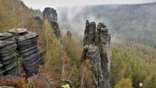 Die Felstürme ragen aus dem Wald und aus dem Nebel.