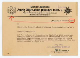 Brief des Deutschen Alpenvereins Zweig Alpen-Club München von 1945 mit einem Nazi-Adler-Emblem oben links und dem Thema „Hüttenbesuch“.