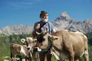 Älterer Mann in traditioneller Kleidung steht mit Kühen auf einer Almwiese vor einer Bergkulisse.