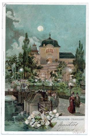 Postkarte mit gezeichnetem Gebäude des Alpinen Museums mit Garten