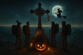 Vier Wanderer mit Rucksäcken und Wanderstöcken stehen nachts vor einem Gipfelkreuz mit der Aufschrift 