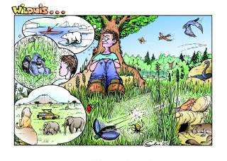 Comic: Ein Junge sitz vor einem Baum und träumt von der Wildnis ferner Länder ohne die Wildnis um ihn herum zu sehen.